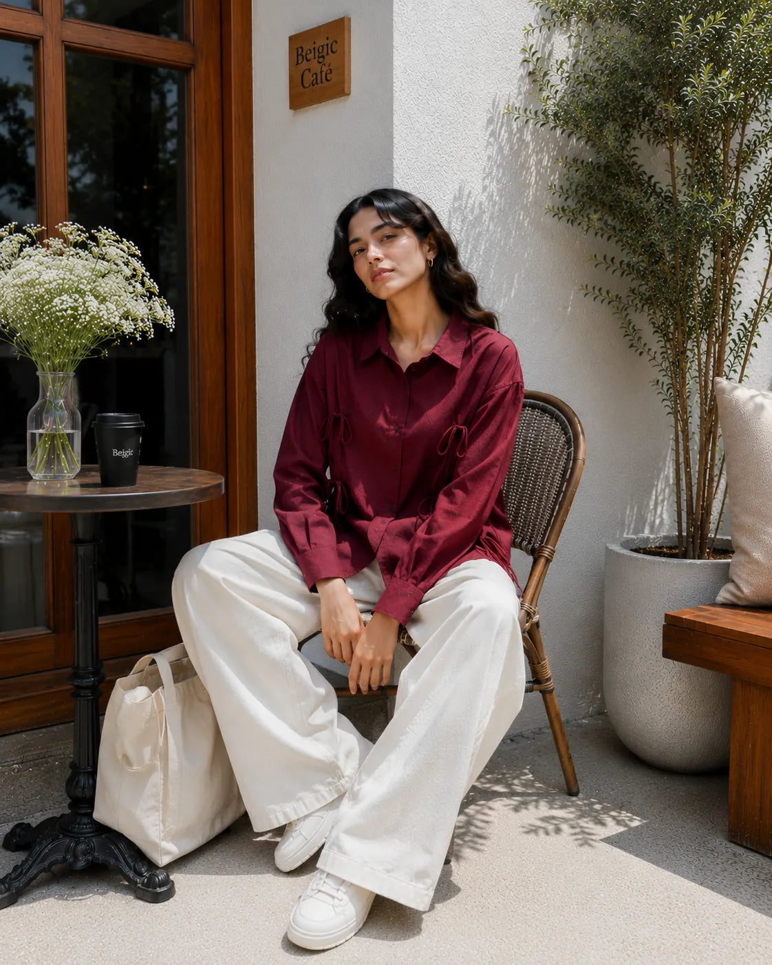 Pinterest Tie-Detail Cey Shirt & Wide-Leg Pants Co-Ord Set - Yezwe Korean Wear in a stylish outdoor setting