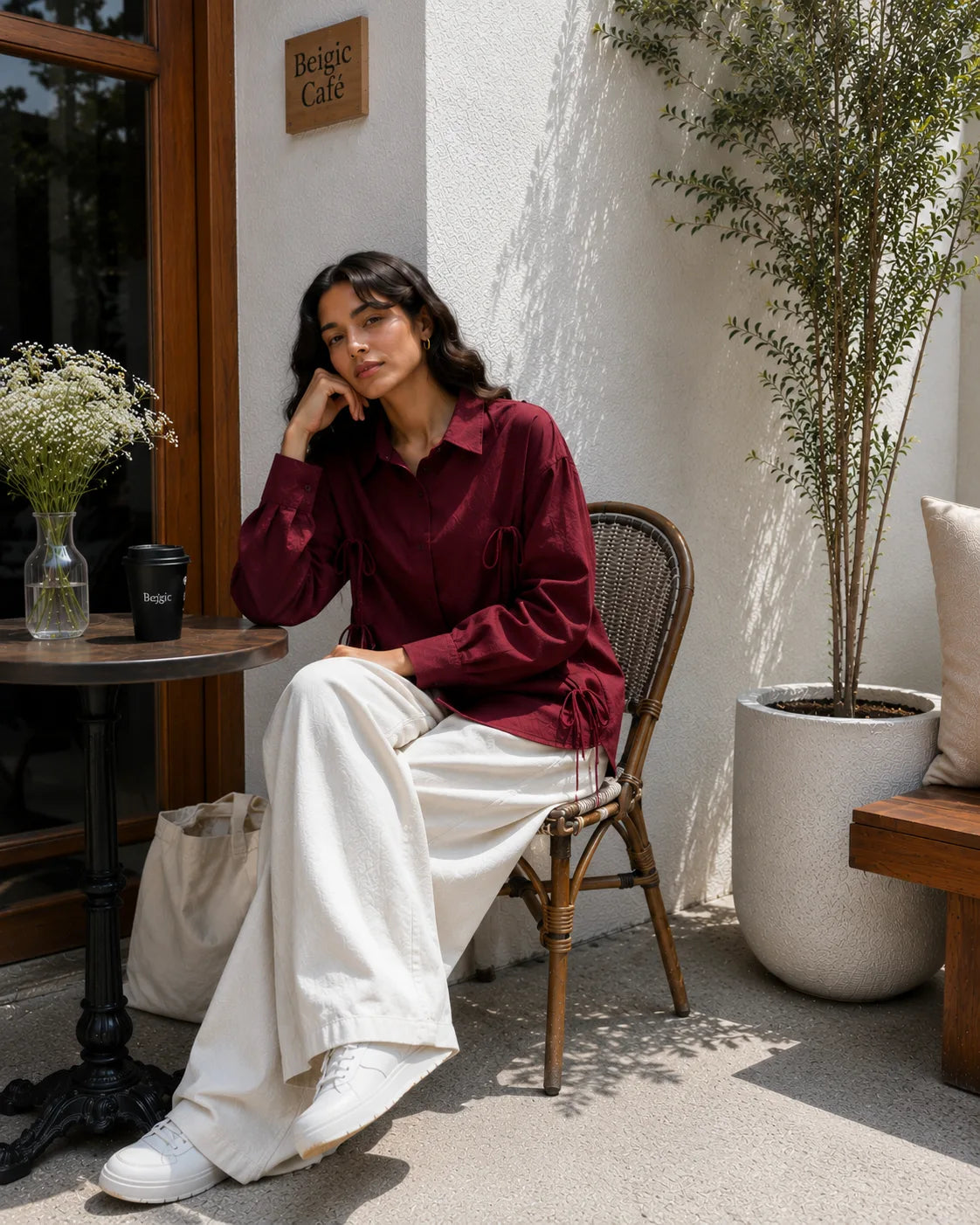 Elegant woman in burgundy Pinterest Tie-Detail Cey Shirt & Wide-Leg Pants Co-Ord Set - Yezwe Korean Wear at a café