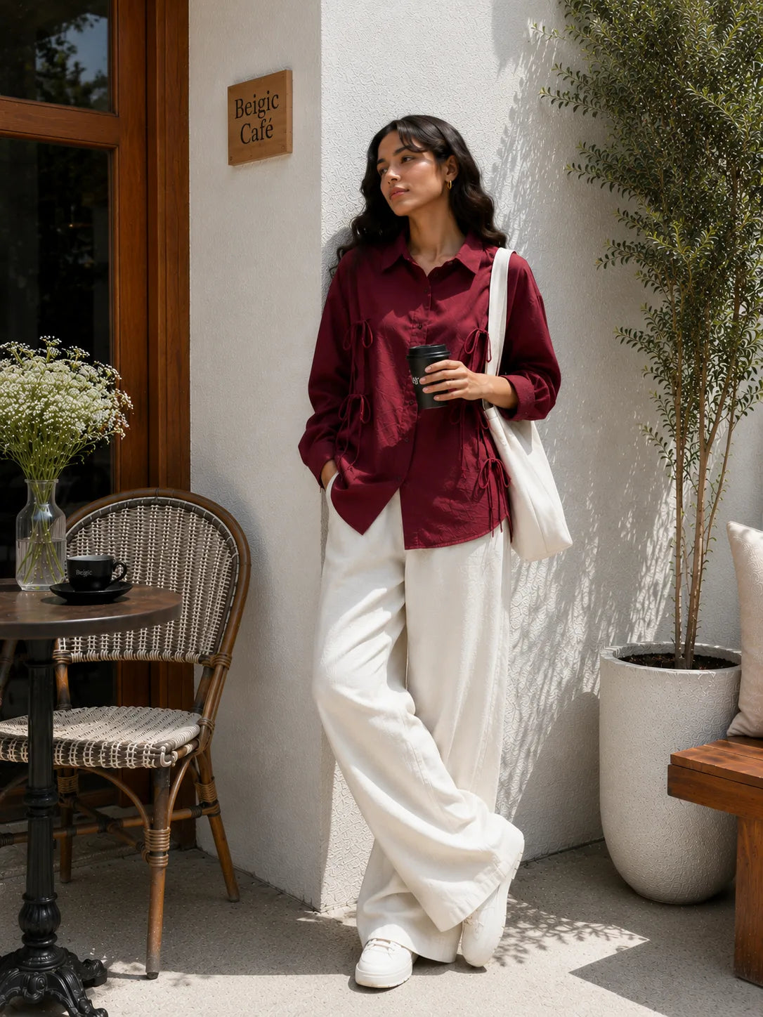 Pinterest Tie-Detail Cey Shirt & Wide-Leg Pants Co-Ord Set - Yezwe Korean Wear in a stylish outdoor setting-2