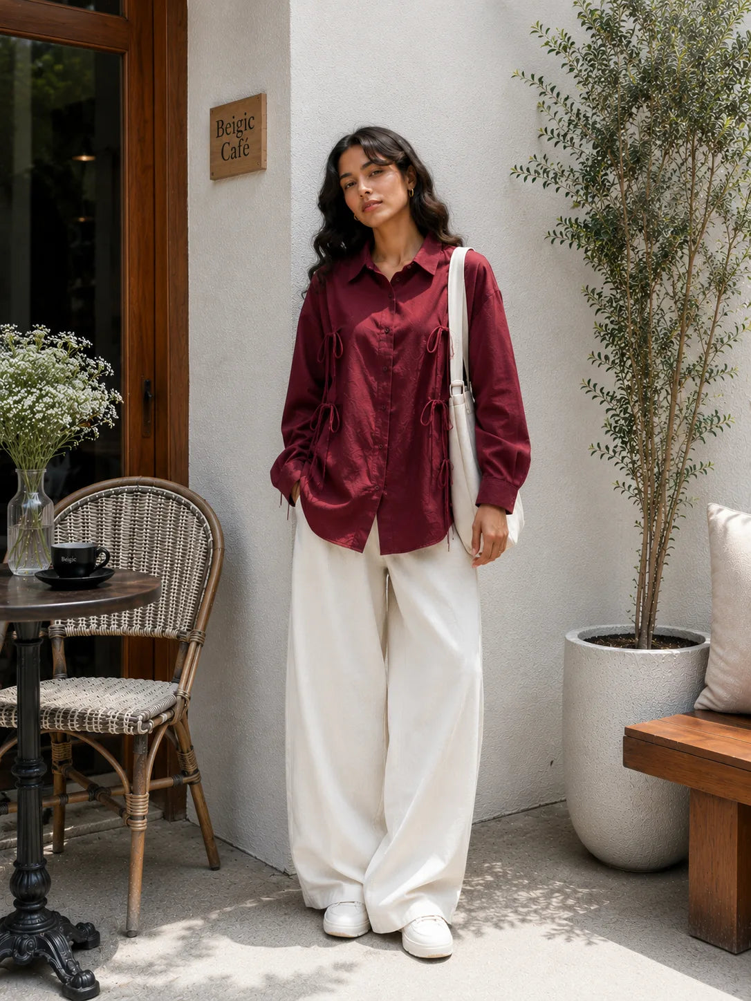 Pinterest Tie-Detail Cey Shirt & Wide-Leg Pants Co-Ord Set - Yezwe Korean Wear in burgundy and cream