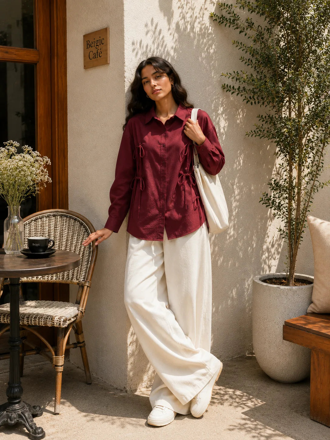 Pinterest Tie-Detail Cey Shirt & Wide-Leg Pants Co-Ord Set - Yezwe Korean Wear in burgundy and white