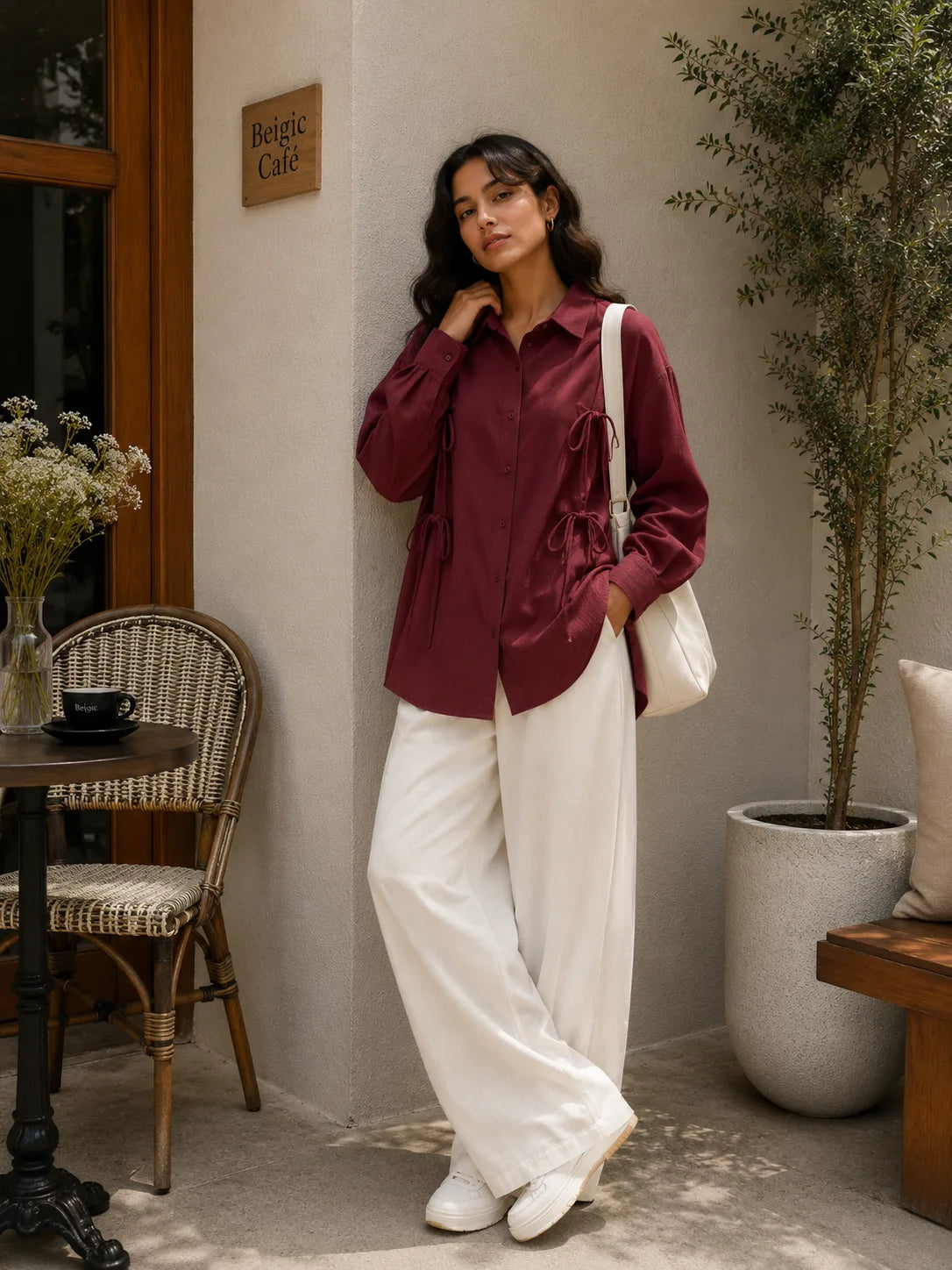 Pinterest Tie-Detail Cey Shirt & Wide-Leg Pants Co-Ord Set - Yezwe Korean Wear in stylish coffee shop setting