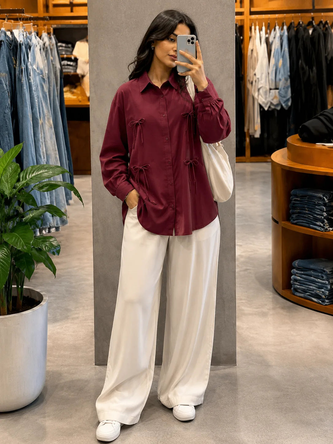 Pinterest Tie-Detail Cey Shirt & Wide-Leg Pants Co-Ord Set - Yezwe Korean Wear in burgundy and white-1