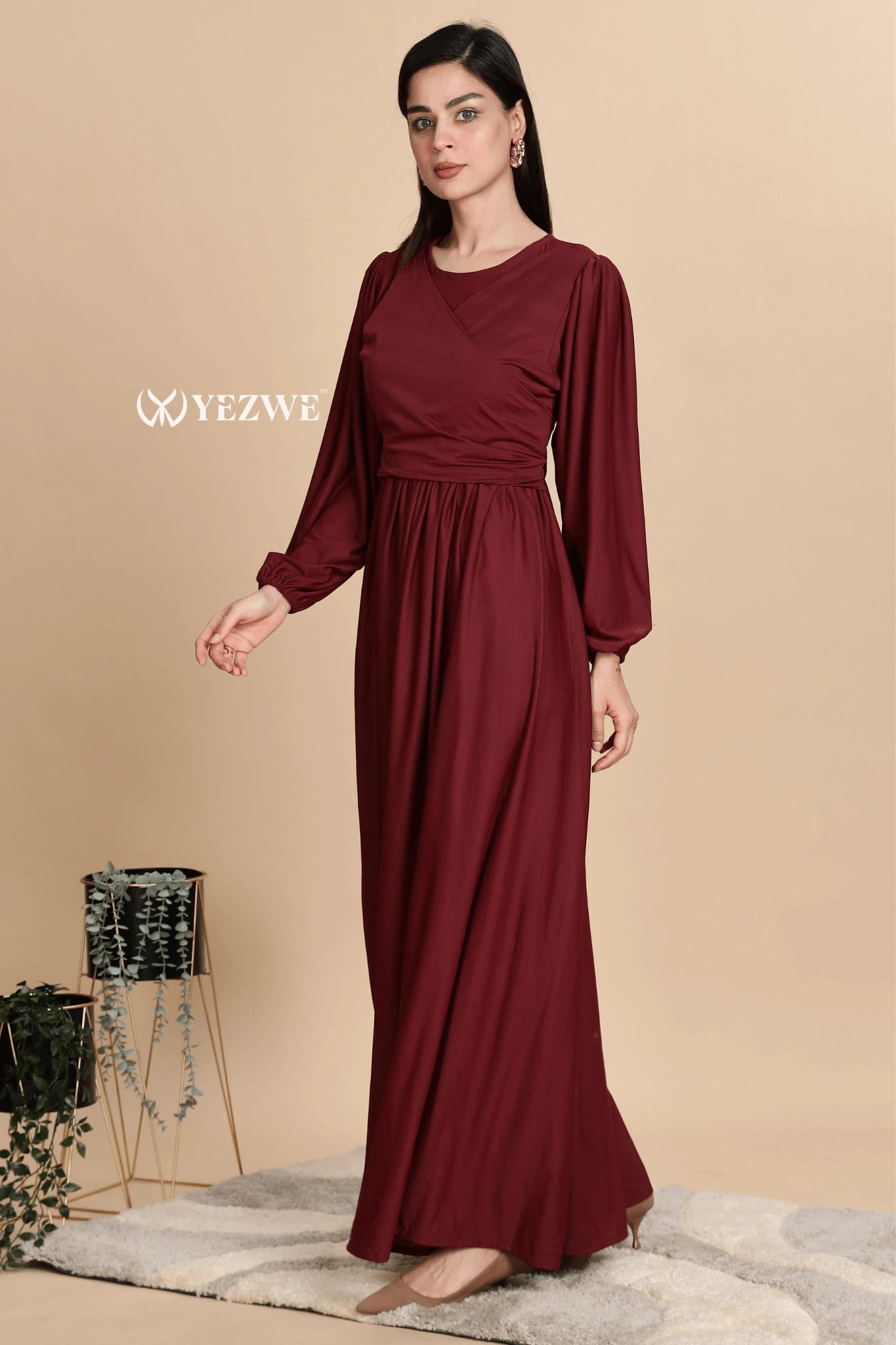 YEZWE Premium Modest Wear Dress in burgundy with long sleeves and elegant fit for stylish occasions