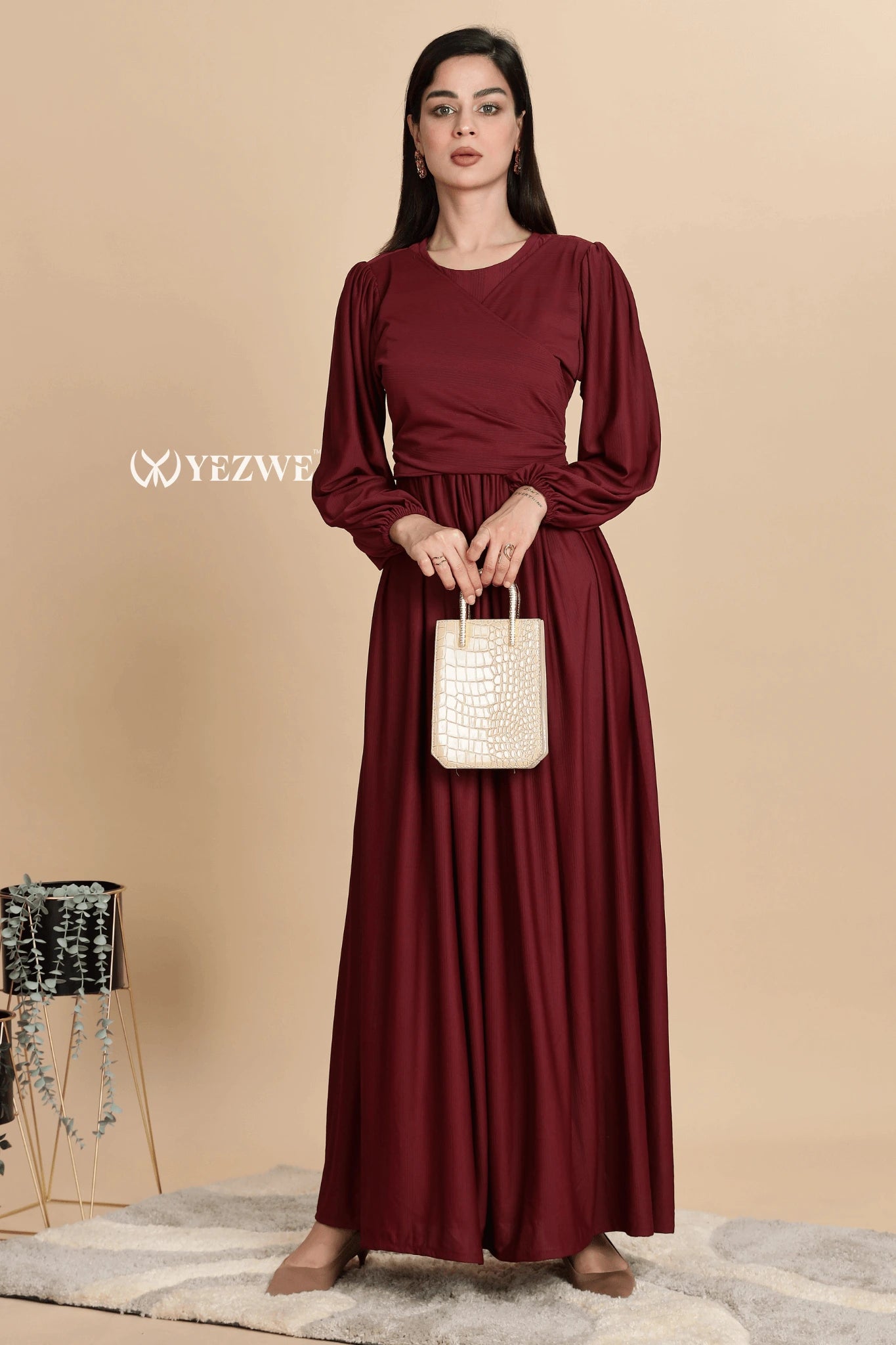 YEZWE Premium Modest Wear Dress in Burgundy with Long Puff Sleeves and Flowy Skirt