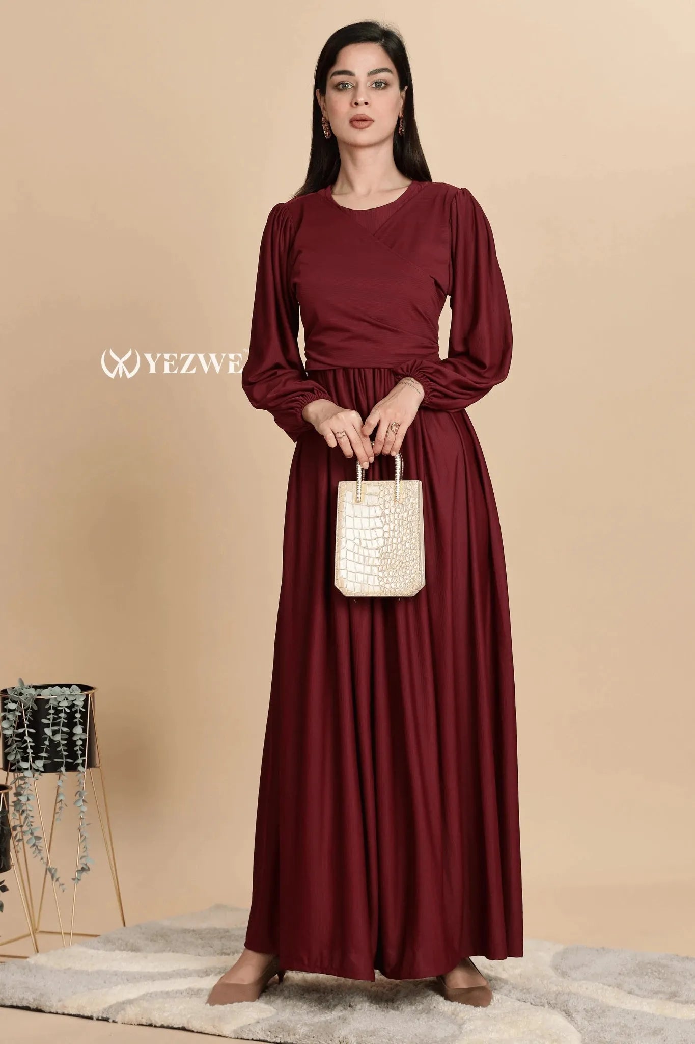 YEZWE Premium Modest Wear Dress in Burgundy with Long Puff Sleeves and Flowy Skirt