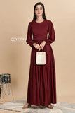 YEZWE Premium Modest Wear Dress in Burgundy with Long Puff Sleeves and Flowy Skirt