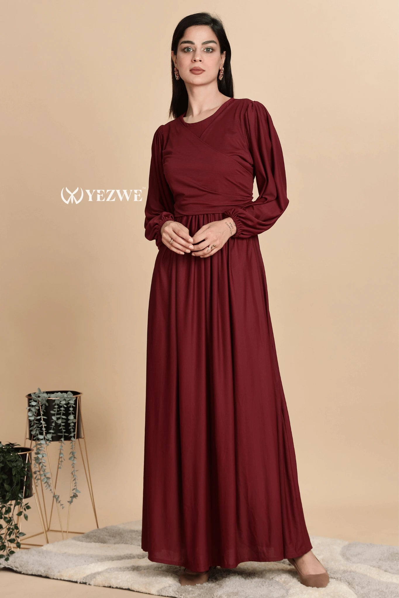 YEZWE Premium Modest Wear Dress in Burgundy with Long Sleeves and Flowing Skirt