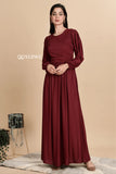 YEZWE Premium Modest Wear Dress in Burgundy with Long Sleeves and Flowing Skirt
