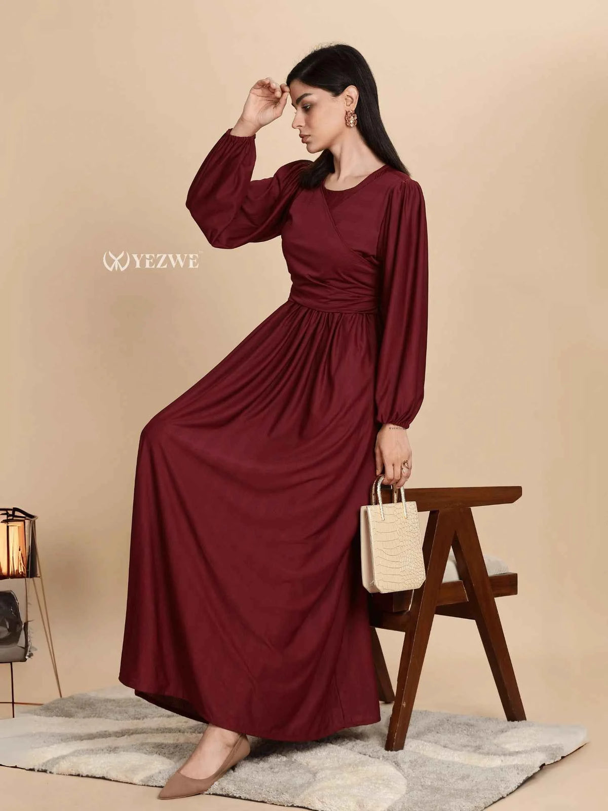 YEZWE Premium Modest Wear Dress in burgundy with long sleeves and a flowing silhouette