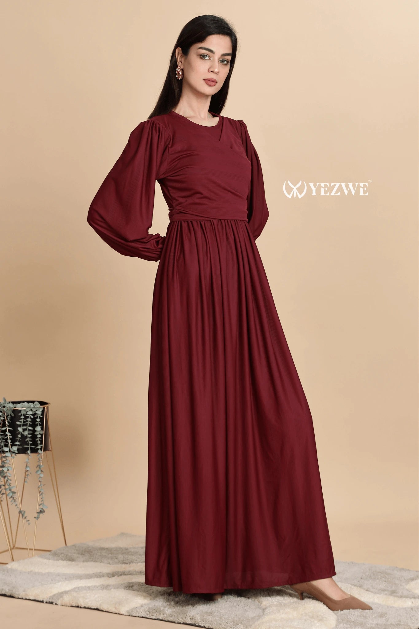 YEZWE Premium Modest Wear Dress in Burgundy with Elegant Puff Sleeves and Flowing Skirt