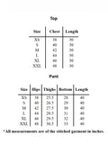Size chart for YEZWE Printed Co-Ord Set showing measurements for chest, length, hips, thighs, bottom, and pant length