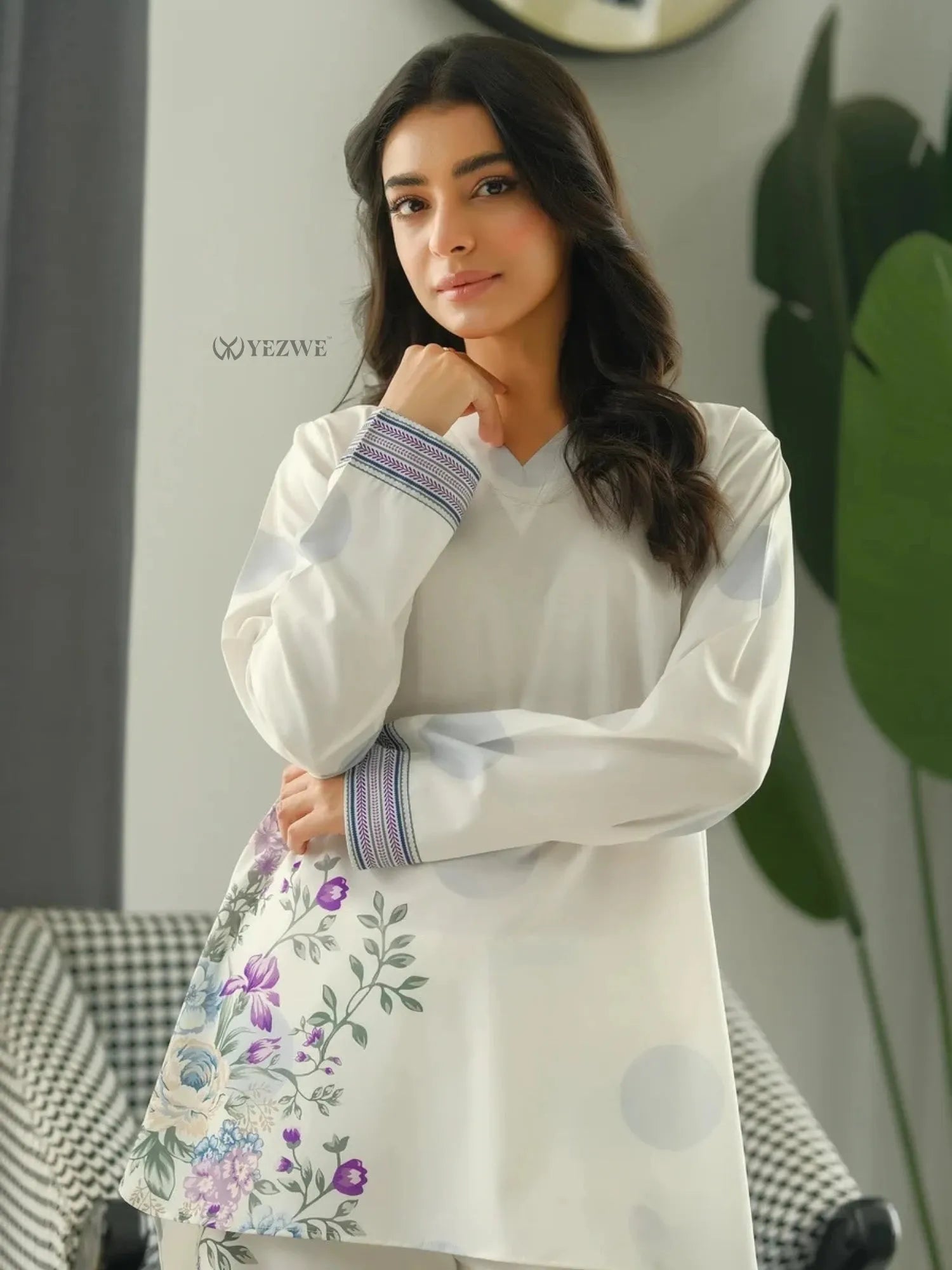 YEZWE white Printed Co-Ord Set with floral design and striped cuffs worn by a woman