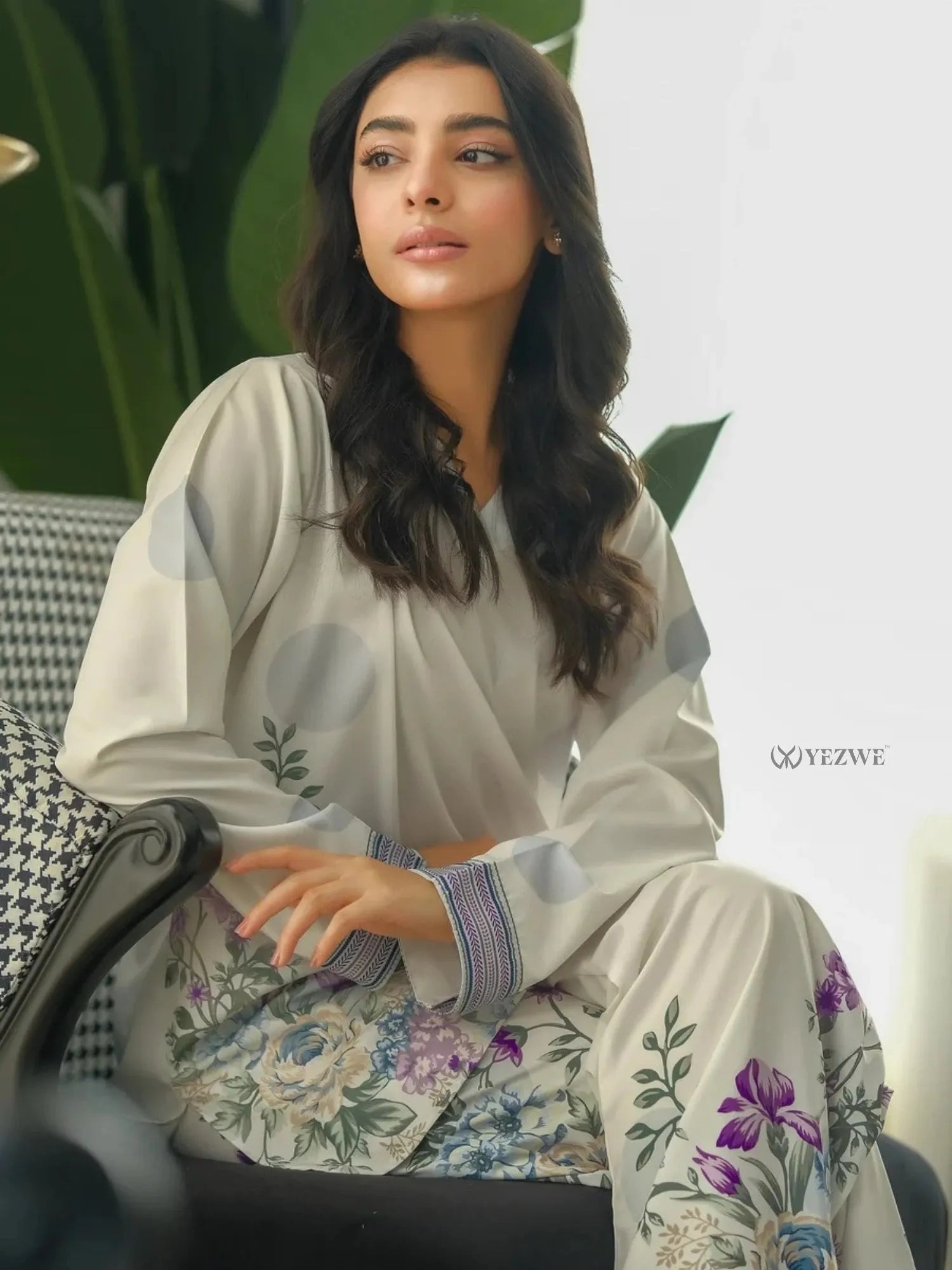 YEZWE Printed Co-Ord Set featuring floral and polka dot design on light fabric with long sleeves