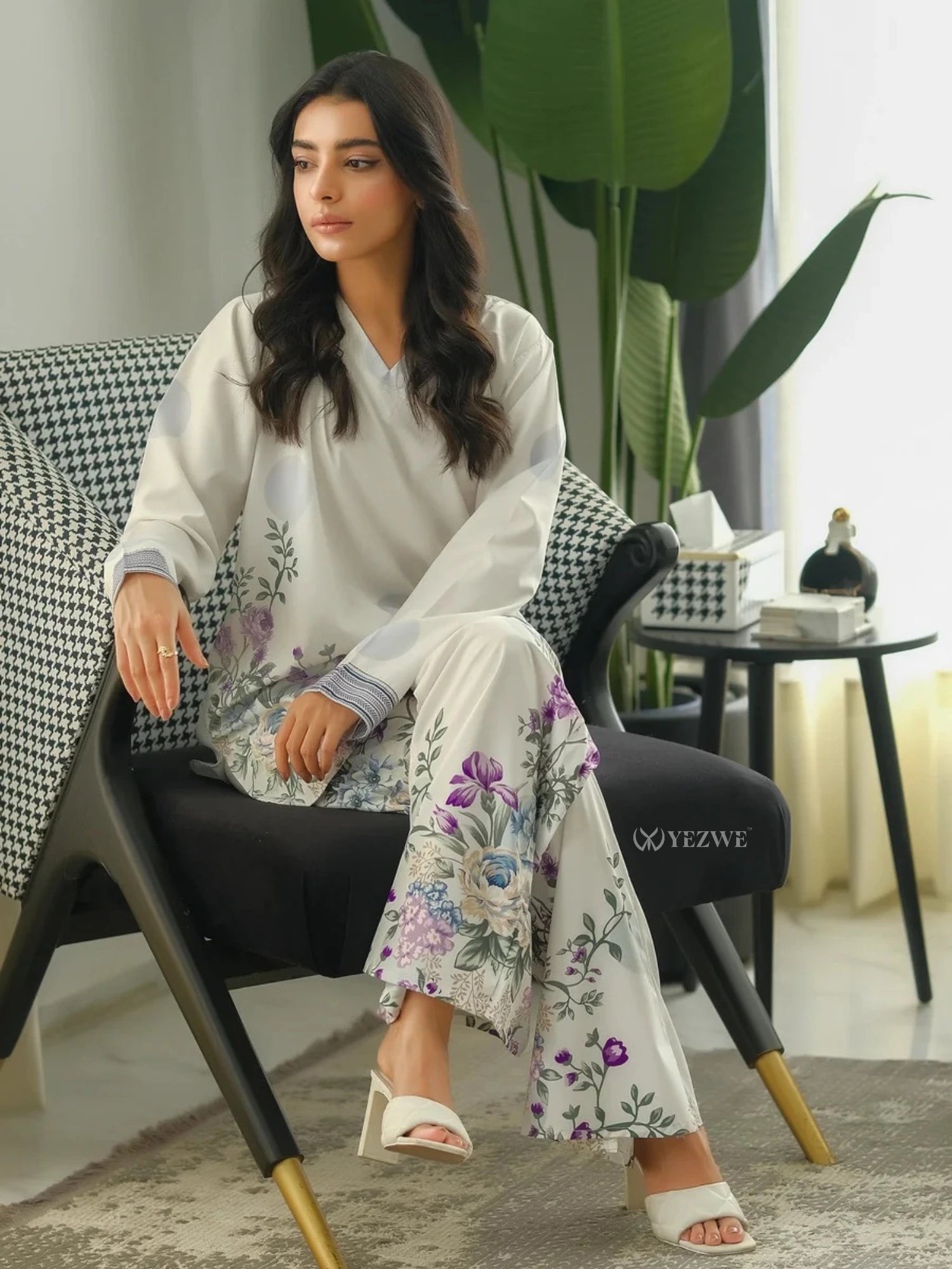 YEZWE Printed Co-Ord Set with floral design featuring loose fit top and wide leg pants