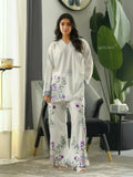 YEZWE Printed Co-Ord Set featuring floral print top and wide leg pants in white