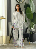 YEZWE Printed Co-Ord Set featuring floral print top and wide leg pants in white