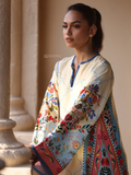 YEZWE Printed Maxi Kaftan worn by model in cream and blue floral tunic with bell sleeves