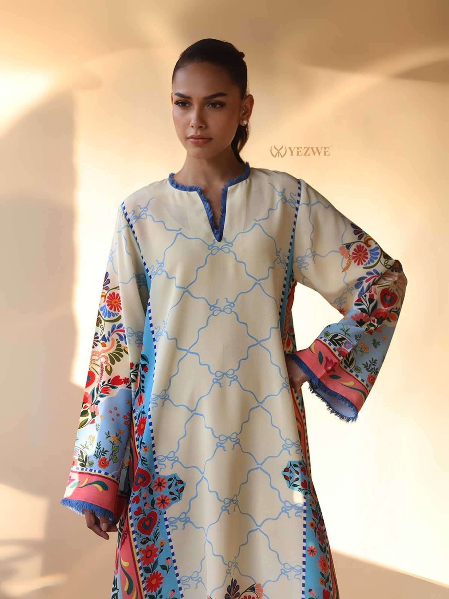 YEZWE Printed Maxi Kaftan cream tunic with blue lattice print and colorful floral bell sleeves and v neck trim