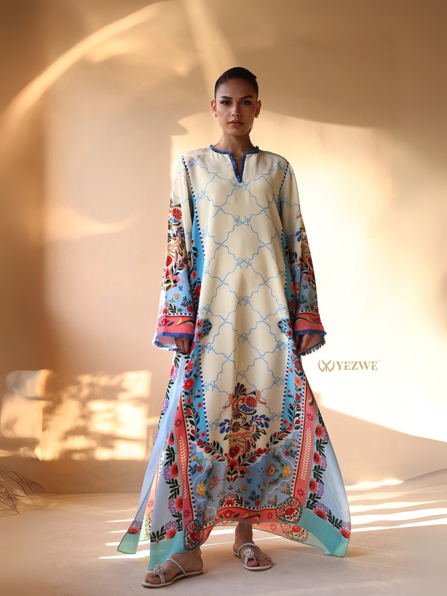 YEZWE Printed Maxi Kaftan cream and blue floral long sleeve ankle length tunic with V neck and side slits