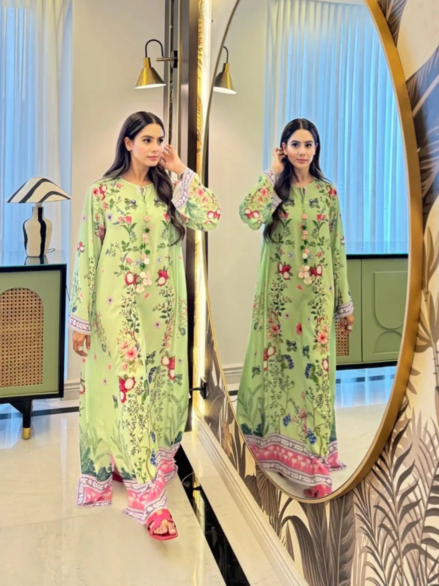 YEZWE Printed Maxi Kaftan light green floral floor length kaftan worn by model beside mirror