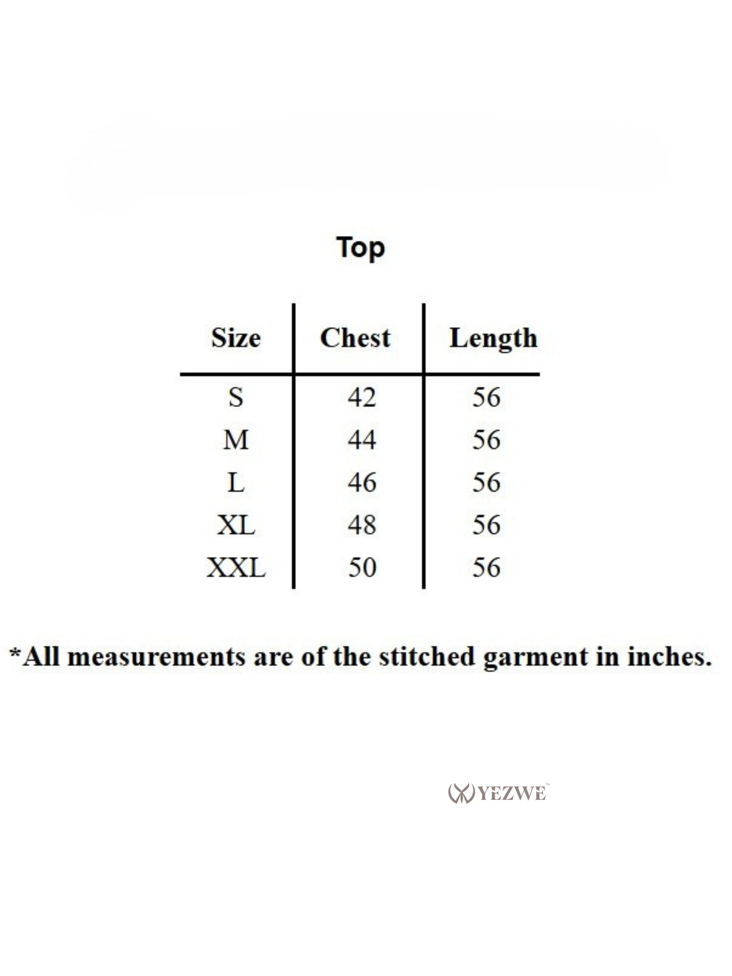 Printed Maxi Kaftan size chart for YEZWE tunic shows chest 42 to 50 in and length 56 in
