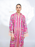 YEZWE vibrant pink co-ord set with detailed floral patterns featuring a printed tunic with long sleeves