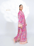 YEZWE vibrant pink co-ord set featuring a long Printed Tunic with floral patterns and beige accents
