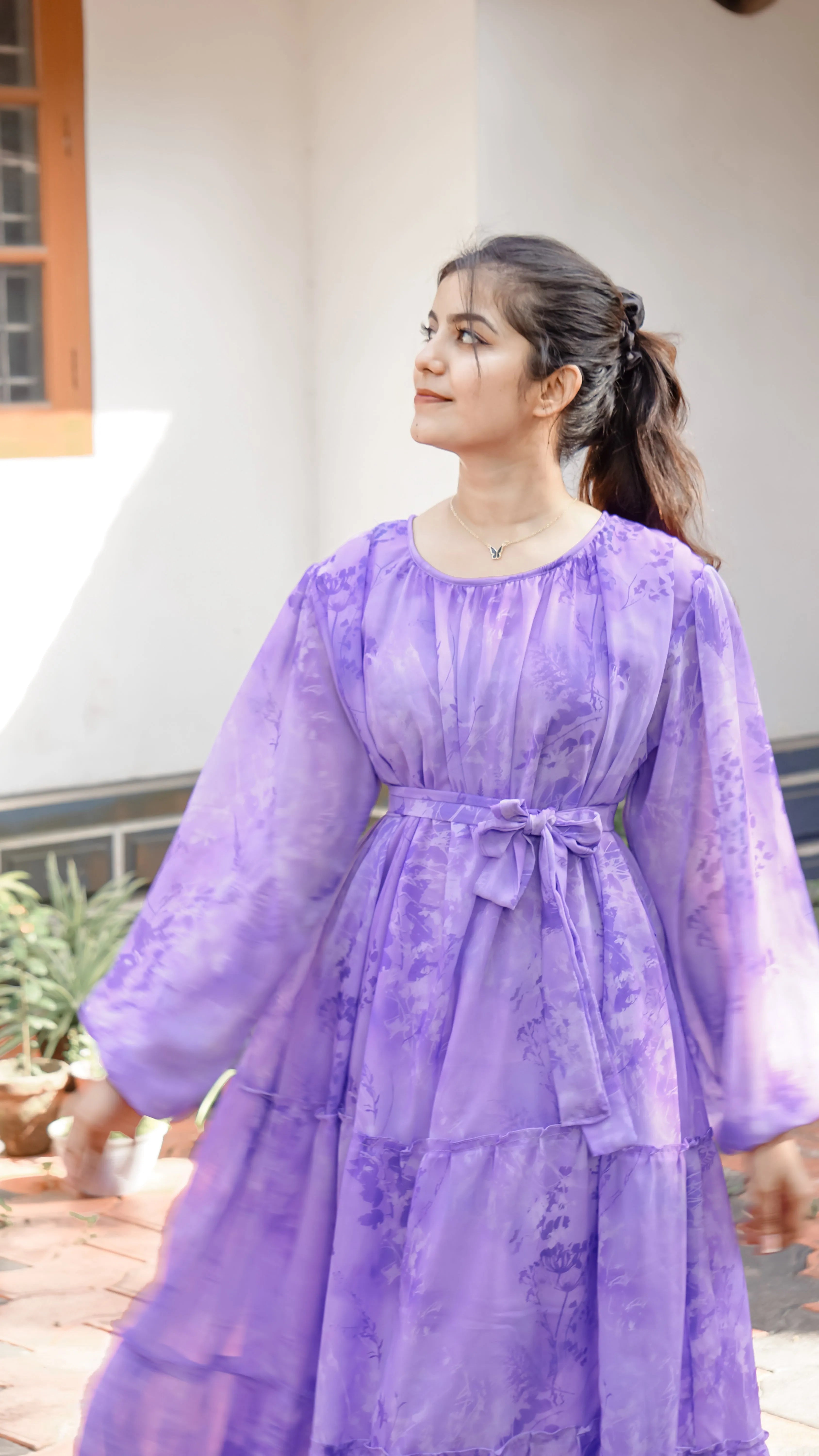 Purple Georgette Maxi Dress with Lycra Lining-YEZWE MODEST WEAR