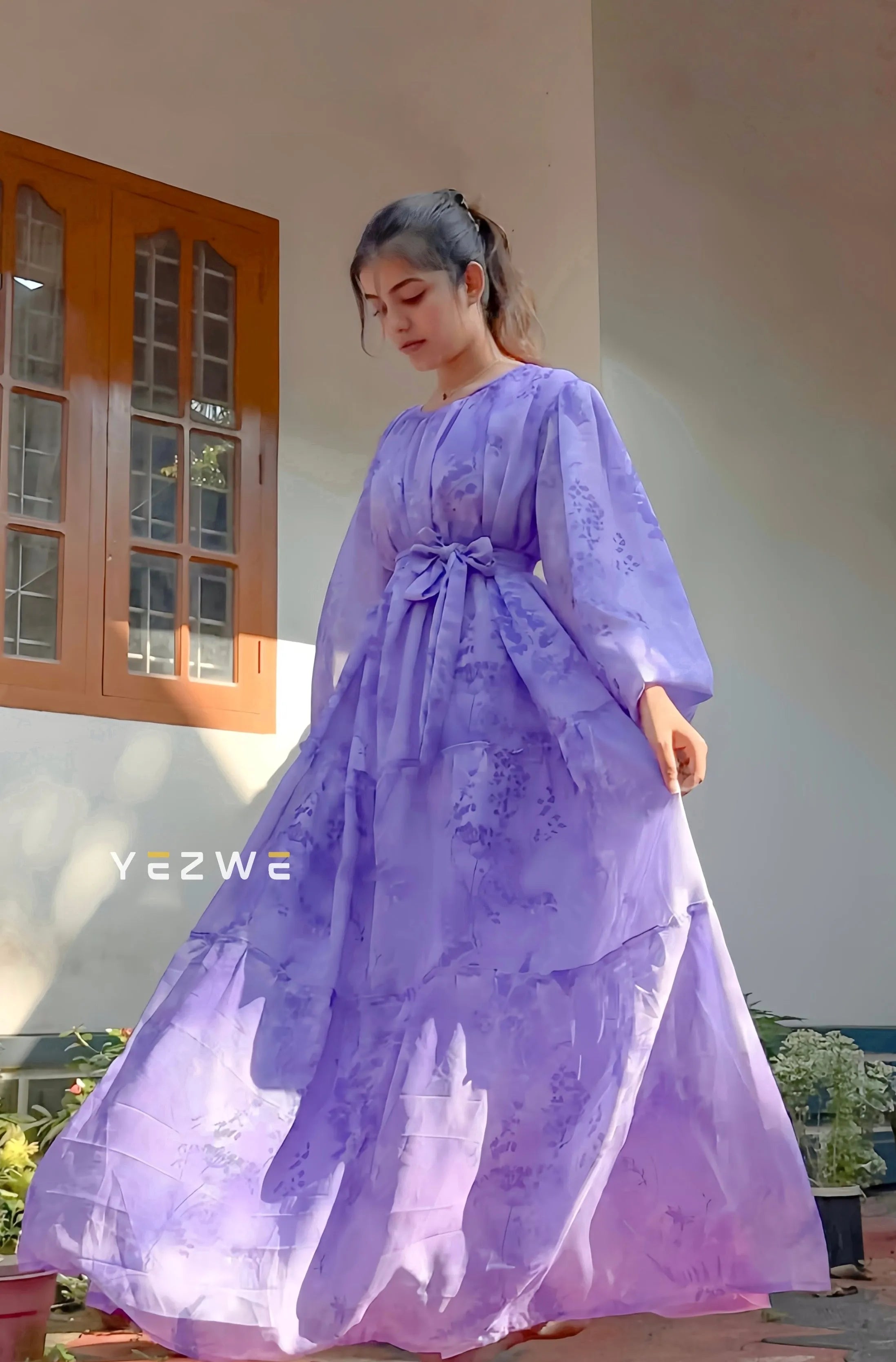 Elegant Purple Georgette Maxi Dress with Lycra Lining | YEZWE Elegant Purple Georgette Maxi Dress with Lycra Lining | YEZWE