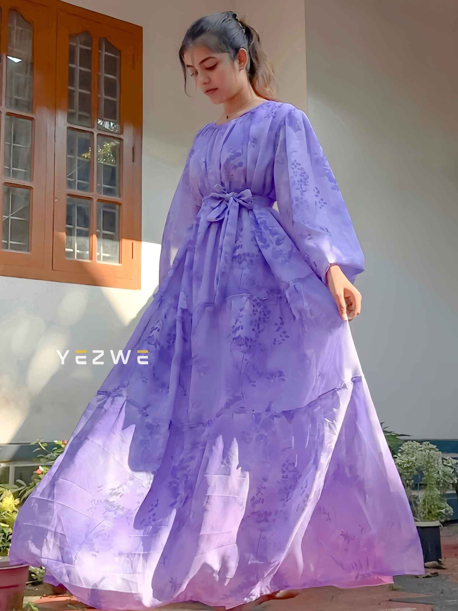 Purple Georgette Maxi Dress with Lycra Lining-YEZWE MODEST WEAR