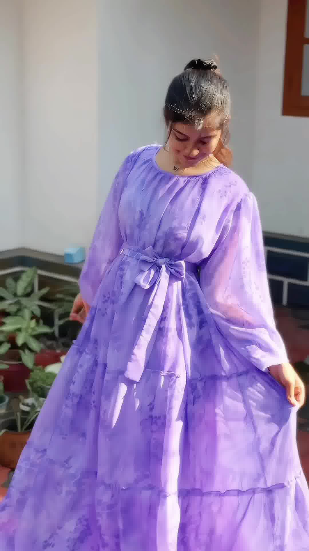Elegant purple georgette maxi dress with flowing sleeves and a tie waist for a stylish look