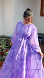 Elegant purple georgette maxi dress with flowing sleeves and a tie waist for a stylish look