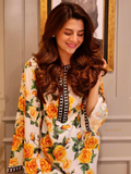 YEZWE Roman Silk Long Tunic with yellow rose floral print and black border detail worn by smiling woman