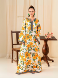 YEZWE Roman Silk Long Tunic with yellow floral print and black trim on white background
