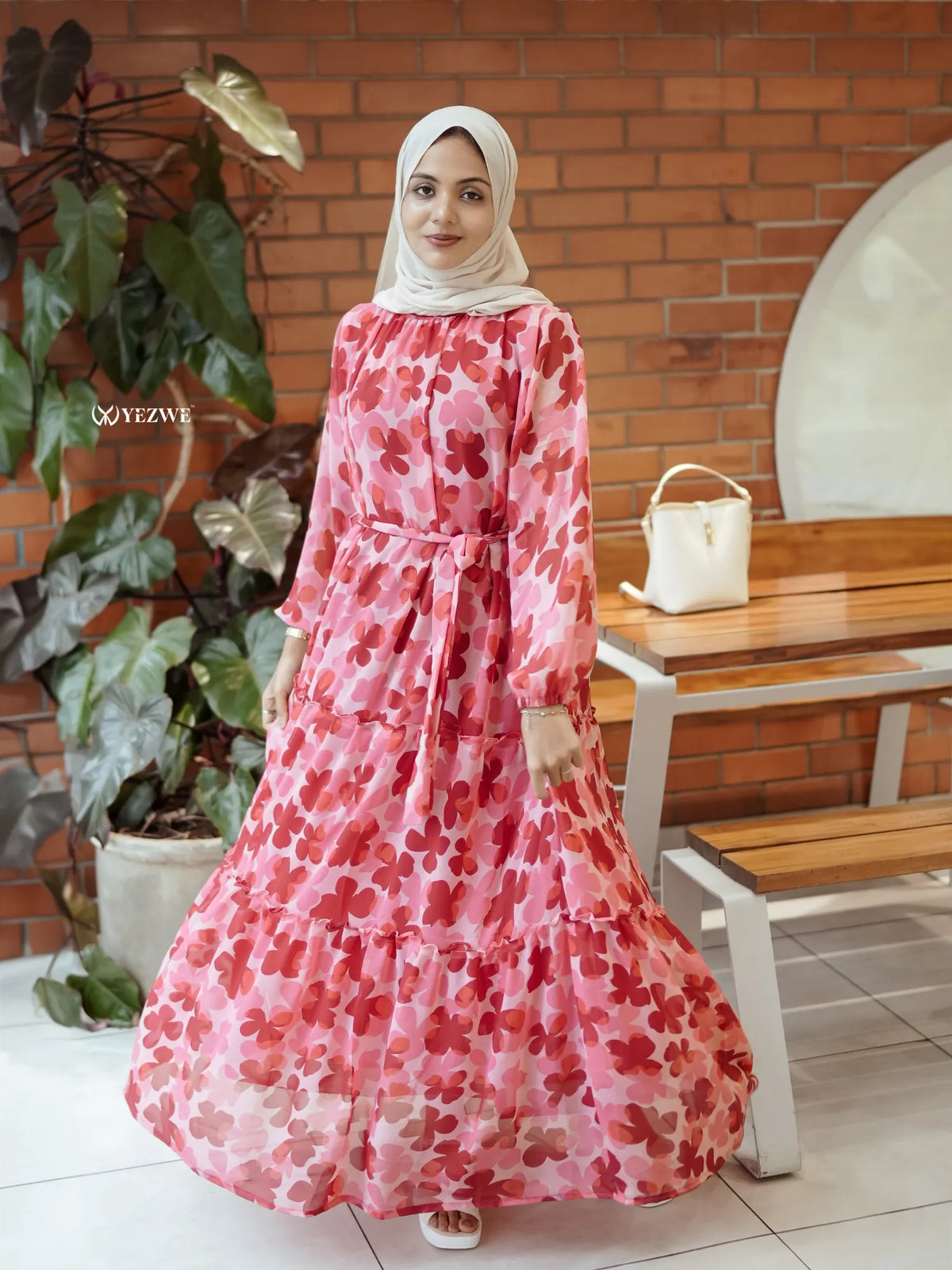 Yezwe rose floral maxi dress with long sleeves and tie waist front view