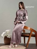 Yezwe Satin Top and Skirt Set For Women Modest Co-ord Set in elegant pink with long sleeves