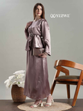 Yezwe Satin Top and Skirt Set For Women Modest Co-ord Set in Elegant Lavender with a Stylish Belt