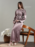 Yezwe Satin Top and Skirt Set For Women Modest Co-ord Set in shiny mauve satin with belt detail