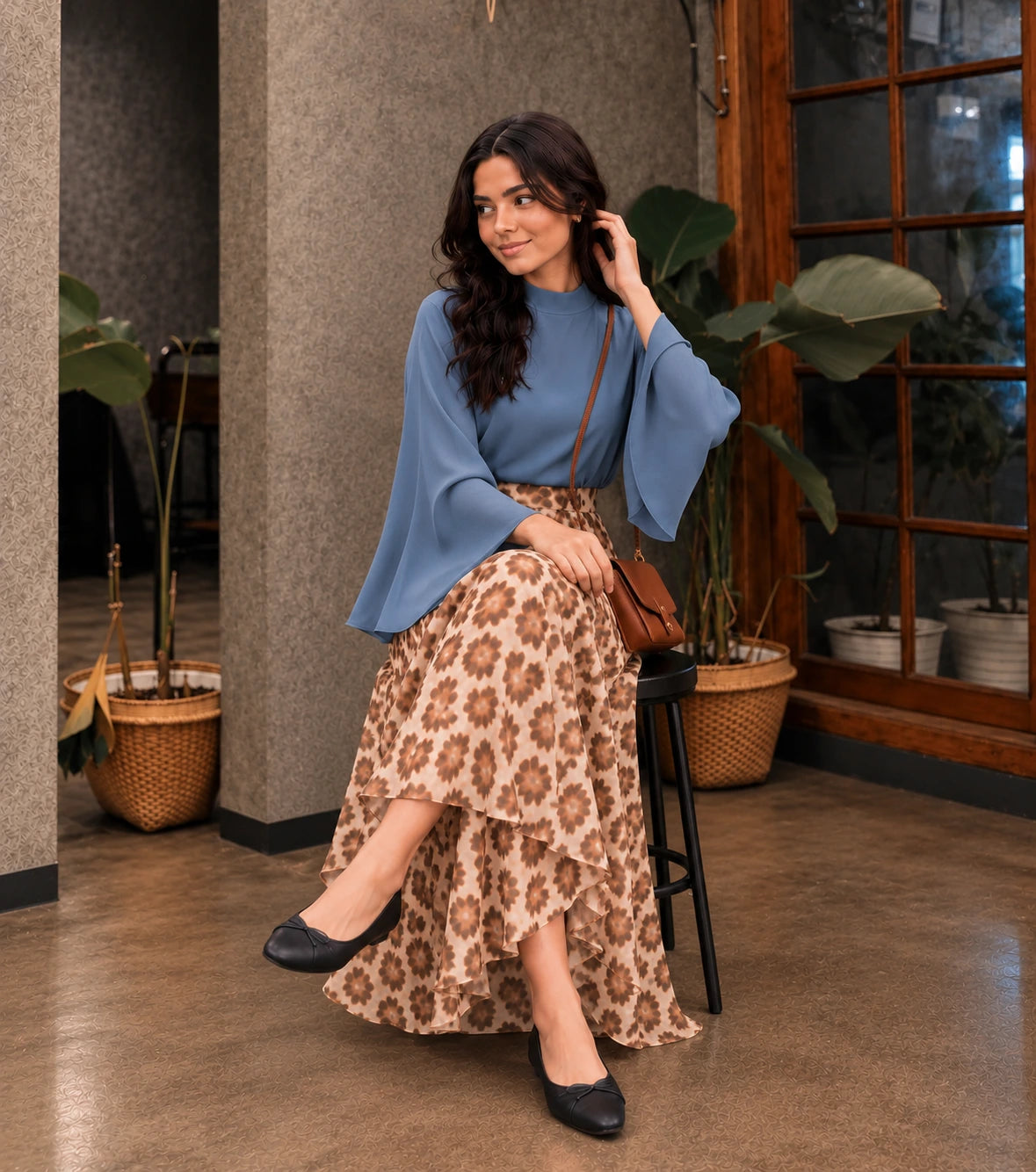 YEZWE Slate Blue Mock Neck Bell Sleeve Top & Leopard Print Flared Maxi Skirt stylishly worn by a woman in a modern setting