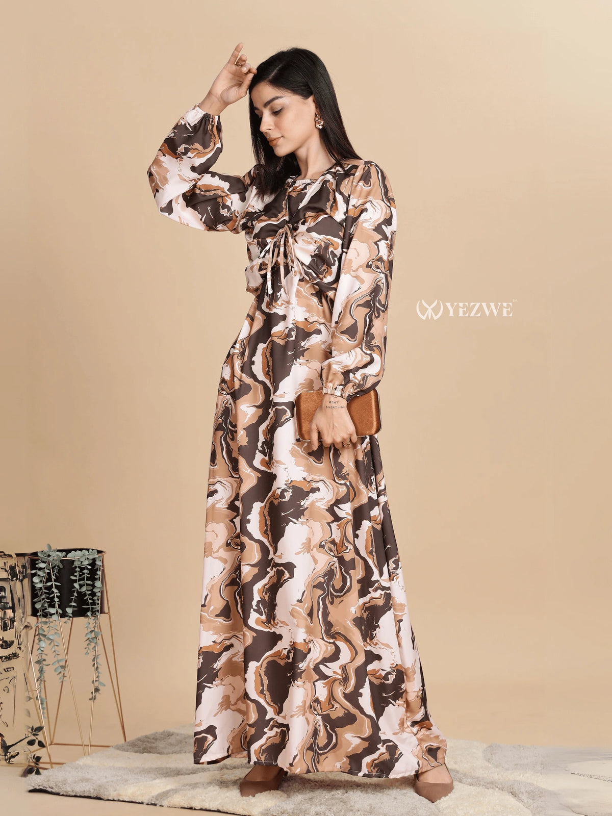 YEZWE Swiss imported maxi dress in abstract brown and beige pattern for elegant occasions