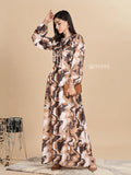 YEZWE Swiss imported maxi dress in abstract brown and beige pattern for elegant occasions