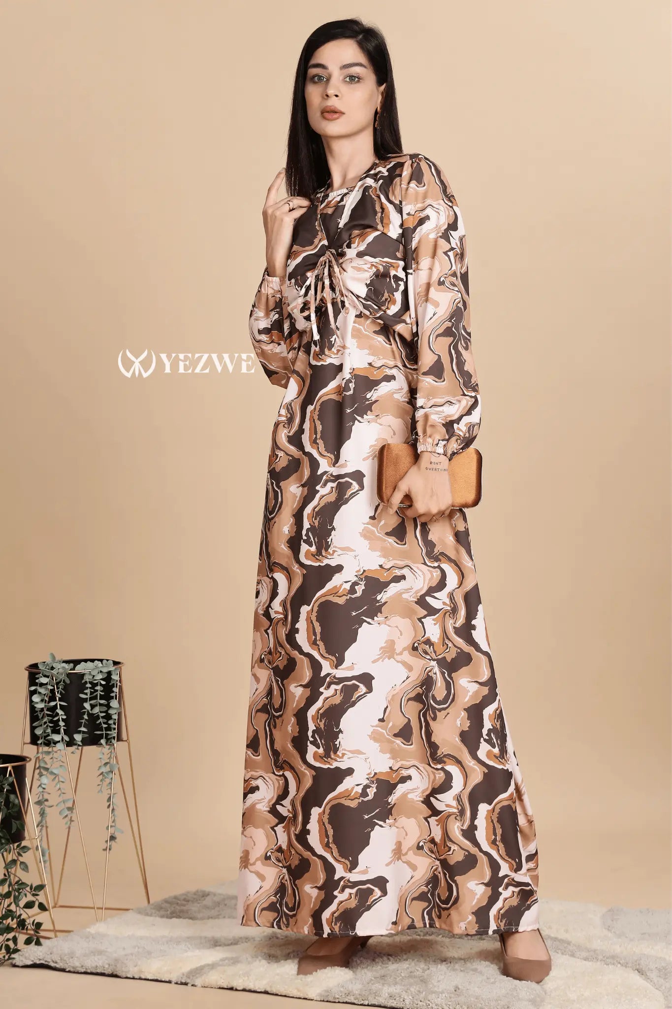 Elegant Swiss imported maxi dress with a marbled design and long sleeves from YEZWE