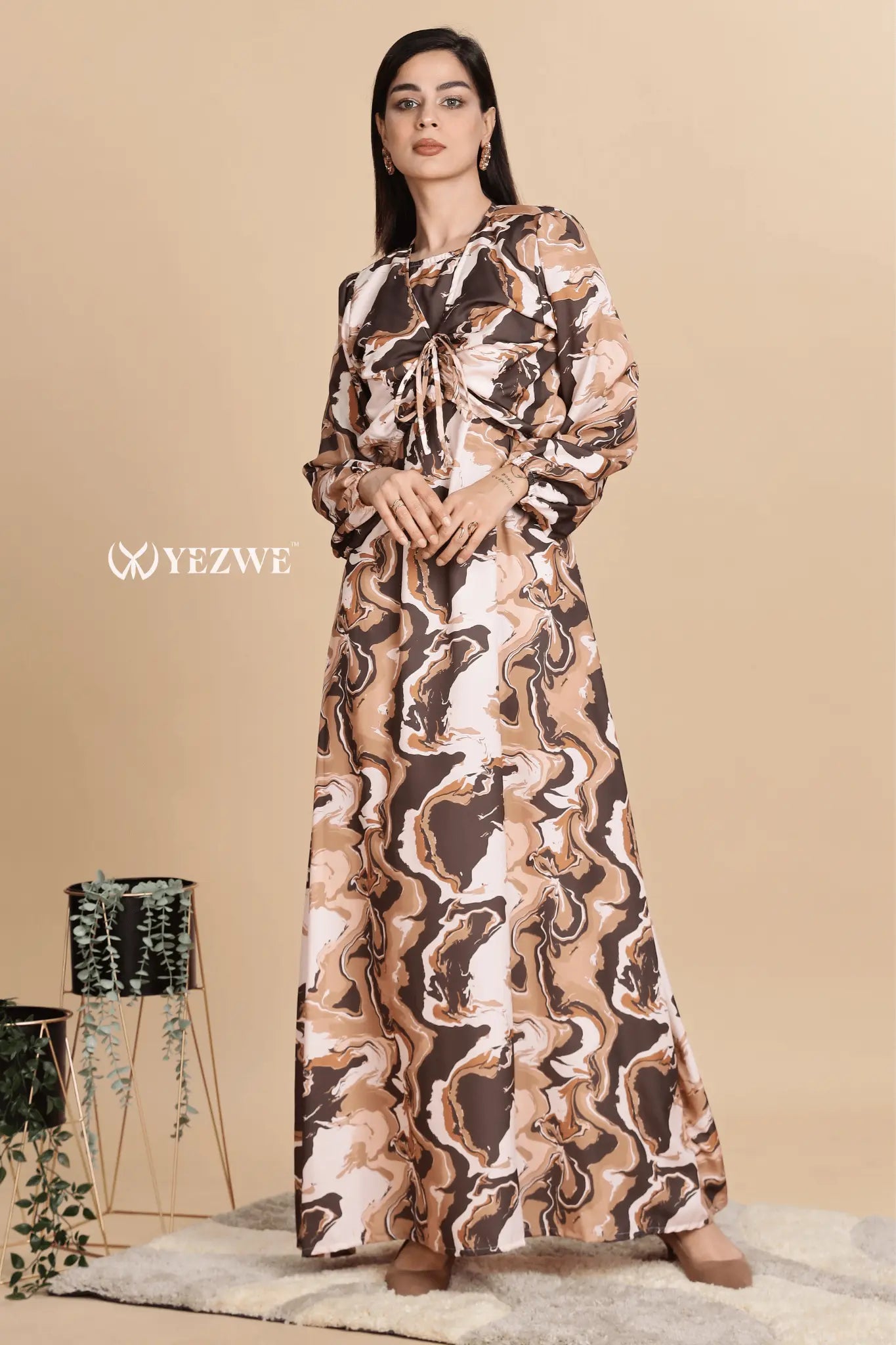 YEZWE Swiss imported maxi dress in abstract brown and beige design, perfect for casual outings