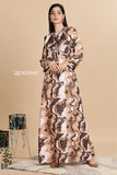 YEZWE Swiss imported maxi dress in abstract brown and beige design, perfect for casual outings