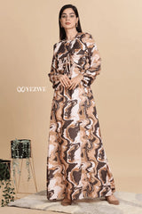 YEZWE Swiss imported maxi dress in abstract brown and beige design, perfect for casual outings