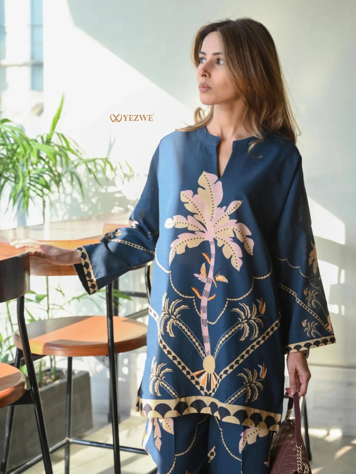 YEZWE navy blue Top and Pant Co-Ord Set with pink and beige floral design and relaxed fit