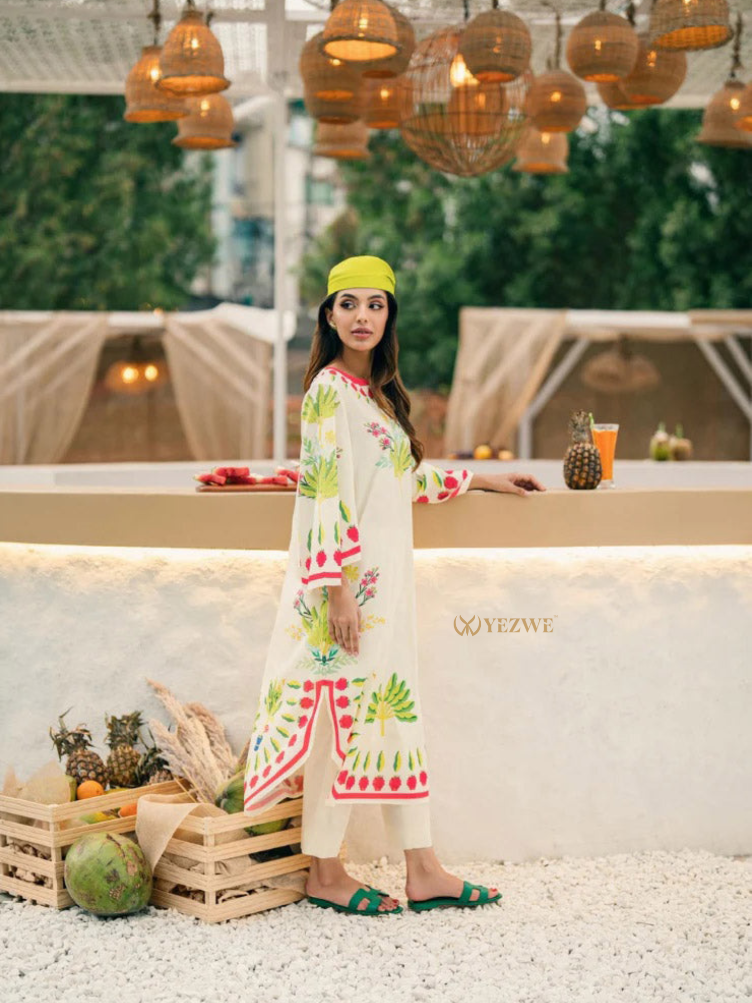 YEZWE Turkish Co-Ord Set cream tunic with green and pink prints matching bottoms and headscarf