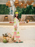 YEZWE Turkish Co-Ord Set cream tunic with green and pink prints matching bottoms and headscarf