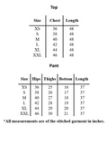 YEZWE Turkish Co-Ord Set size chart for tunic with bottom showing top and pant measurements in inches
